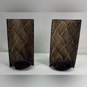 Pier 1 Brown Textured Metal Candle Holders - Geometric Pair